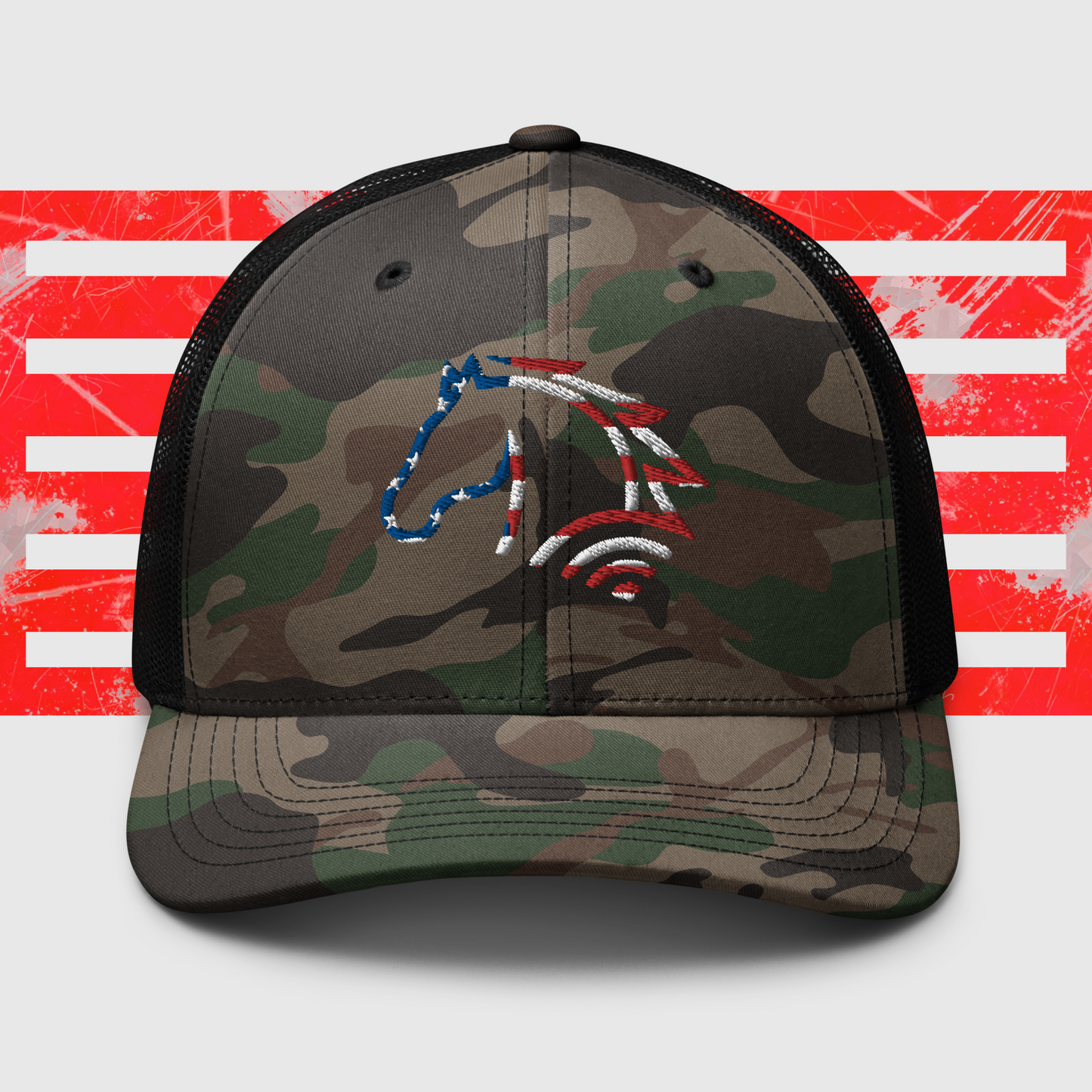 EquineTrac Camo American Flag Logo Trucker Cap